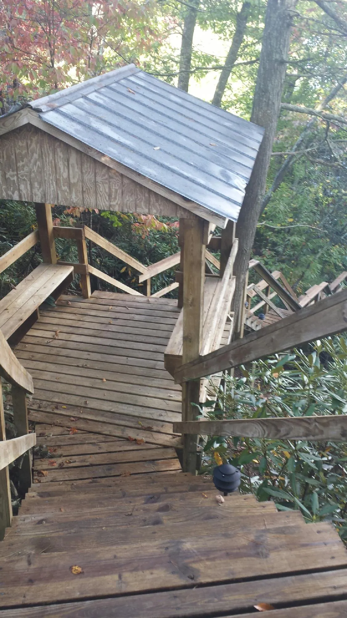 Metal roofed shelter over wooden steps on a wooded walkway — Skylight Repair & Installation work by our crew in El Dorado